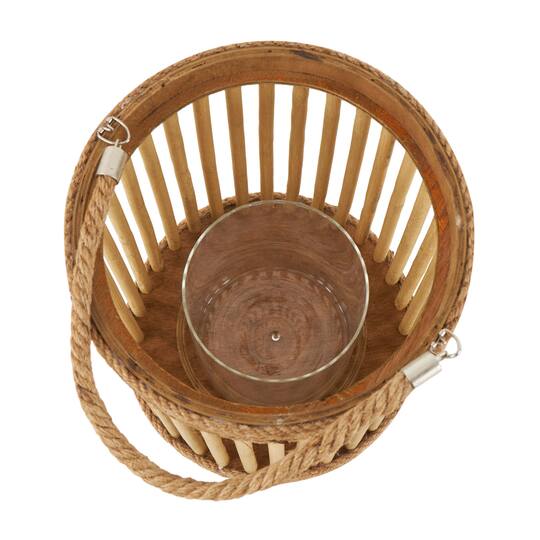 13" Brown Bamboo Handmade Open Framed Caged Candle Lantern with Rope Handle
